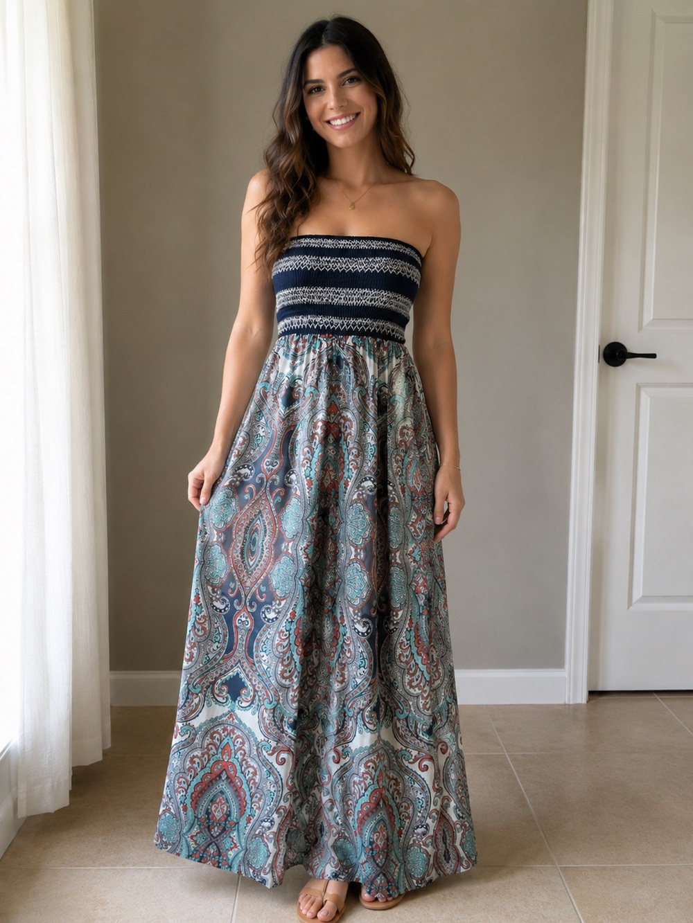 Trixxi Small Strapless Smocked Paisley Maxi Dress Boho